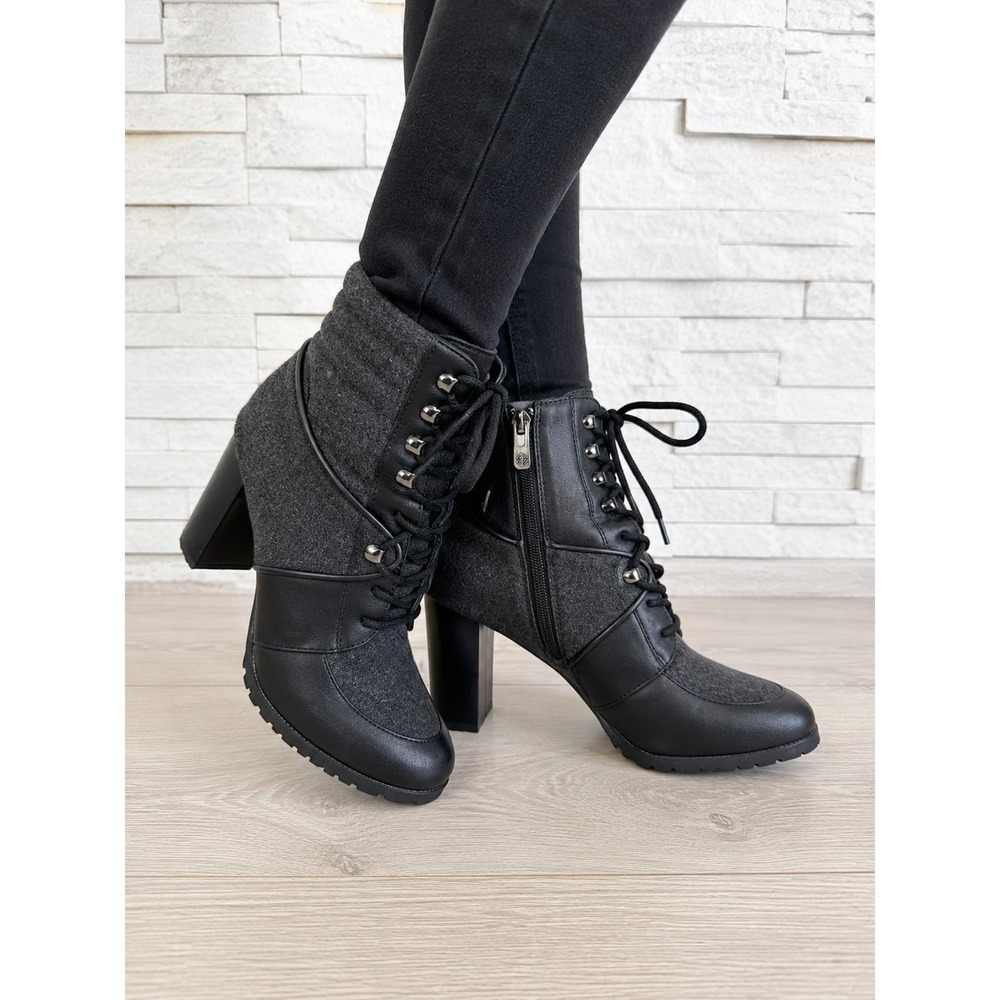 Antonio Melani Womens Booties 8.5 Black Gray Wool Leather Lace Up Block Heel Lug